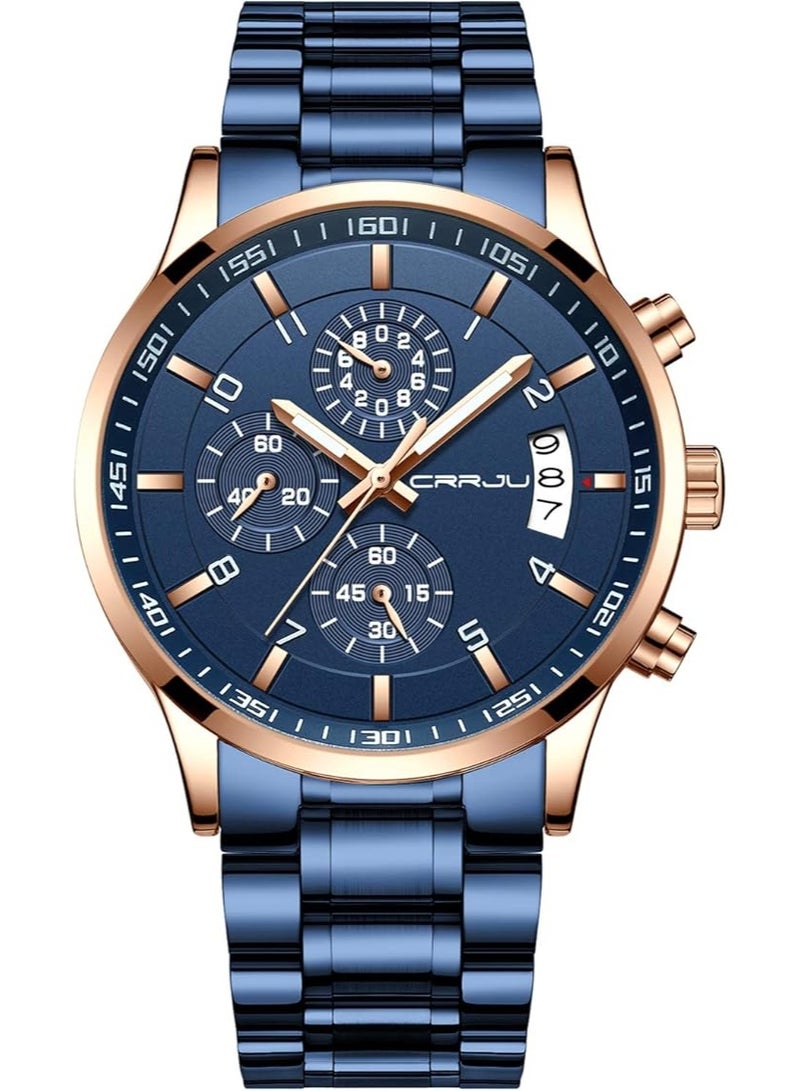 CRRJU Men's Fashion Stainless Steel Watches Date Waterproof Chronograph Wristwatches,Black Steel Band Waterproof Quartz Watch for Men - Image 1